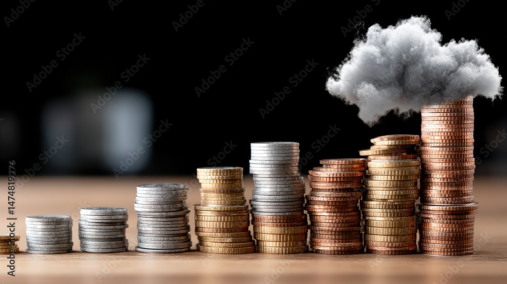 Aufkleber a glowing cloud shape and stacks of coins symbolize digital data transfer in a business technology c