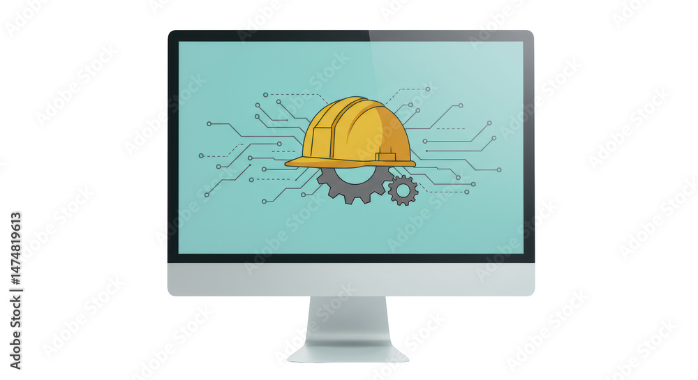 Poster isolated construction helmet on computer screen