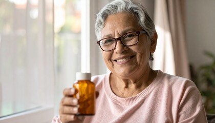 Smiling elderly woman holding a medicine bottle, expressing trust, comfort, and access to affordable care at home.