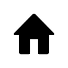 Illustration of a simple black house icon with a pointed roof and a white doorway in the center view