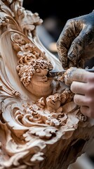 Artisan crafting wooden sculpture with precision