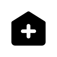 Black house shaped icon with rounded corners and a white plus sign in the center of the house shape