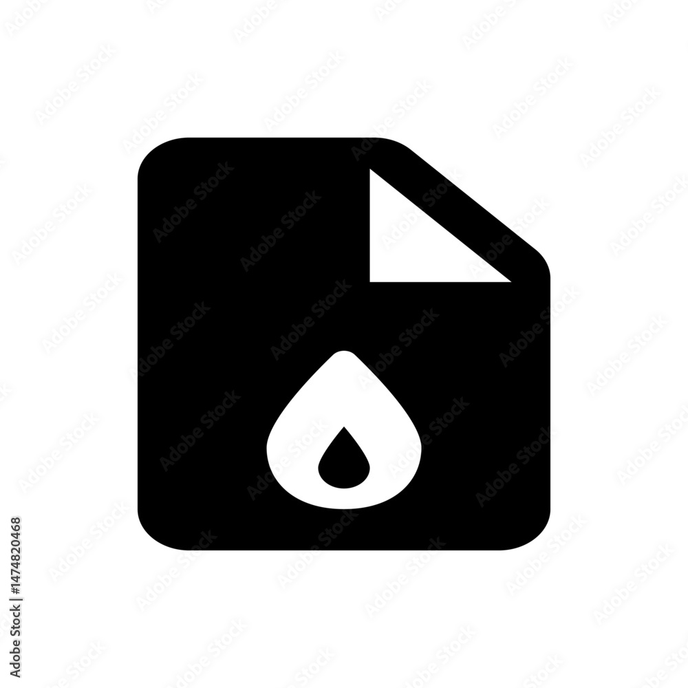 Poster black document with a folded corner and a white water drop in the middle of the document icon image
