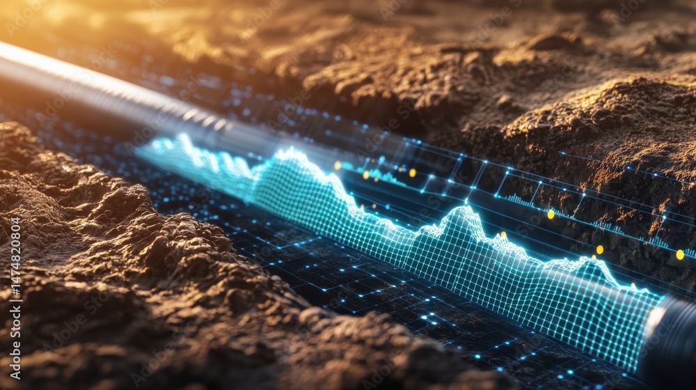 Poster digital data visualization underground pipeline infographic urban environment close-up view modern t