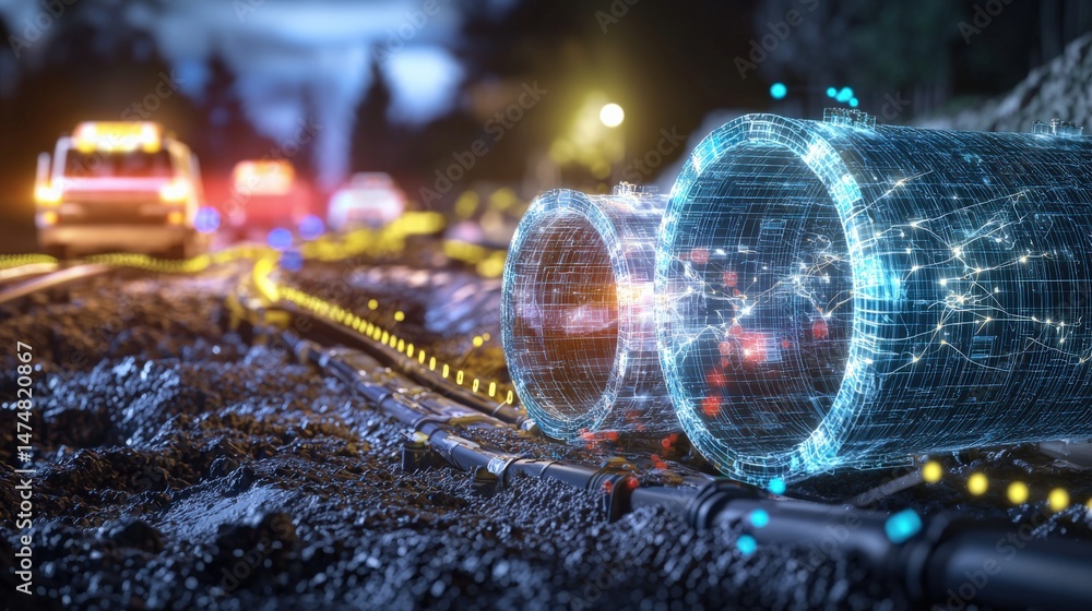 Poster infrastructure development digital pipeline installation urban area visual representation nighttime 