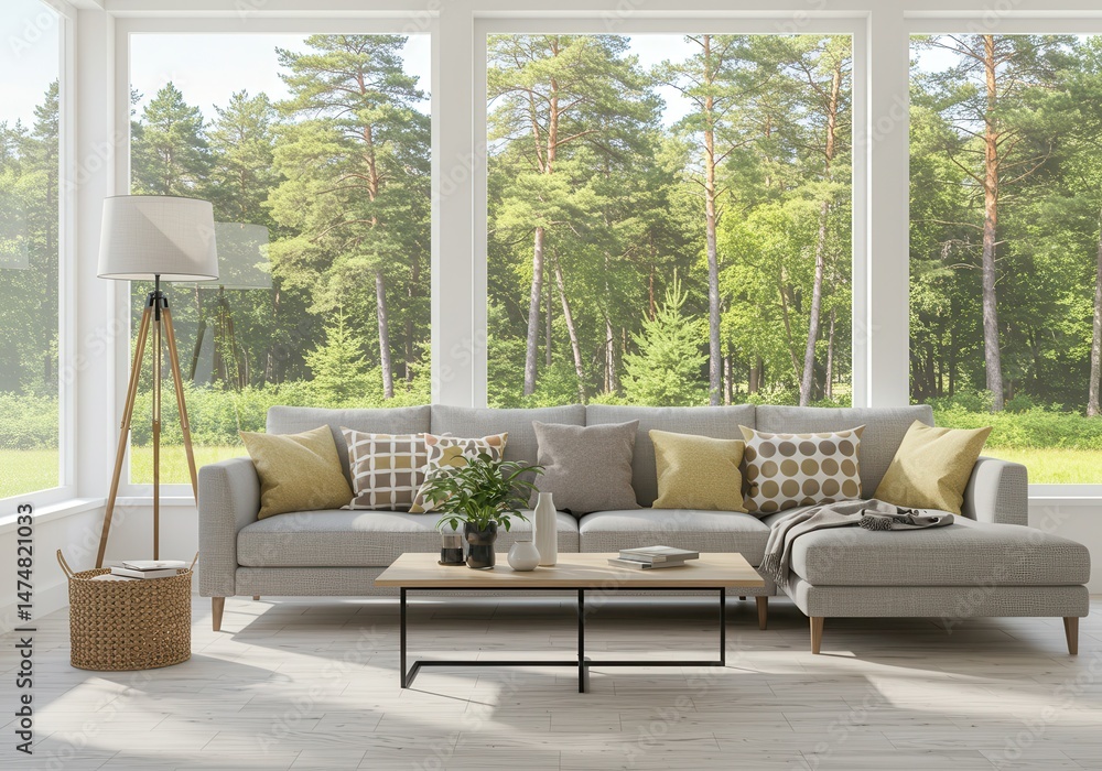 Poster living room with large windows overlooking a forest with a sofa and a coffee table inside view
