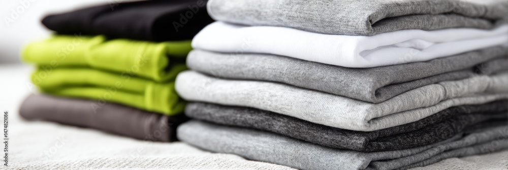 Aufkleber neatly stacked folded athletic clothes in various colors with a clean, inviting backdrop