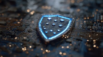 Digital shield on circuit board glowing with cybersecurity concept in dark tones.