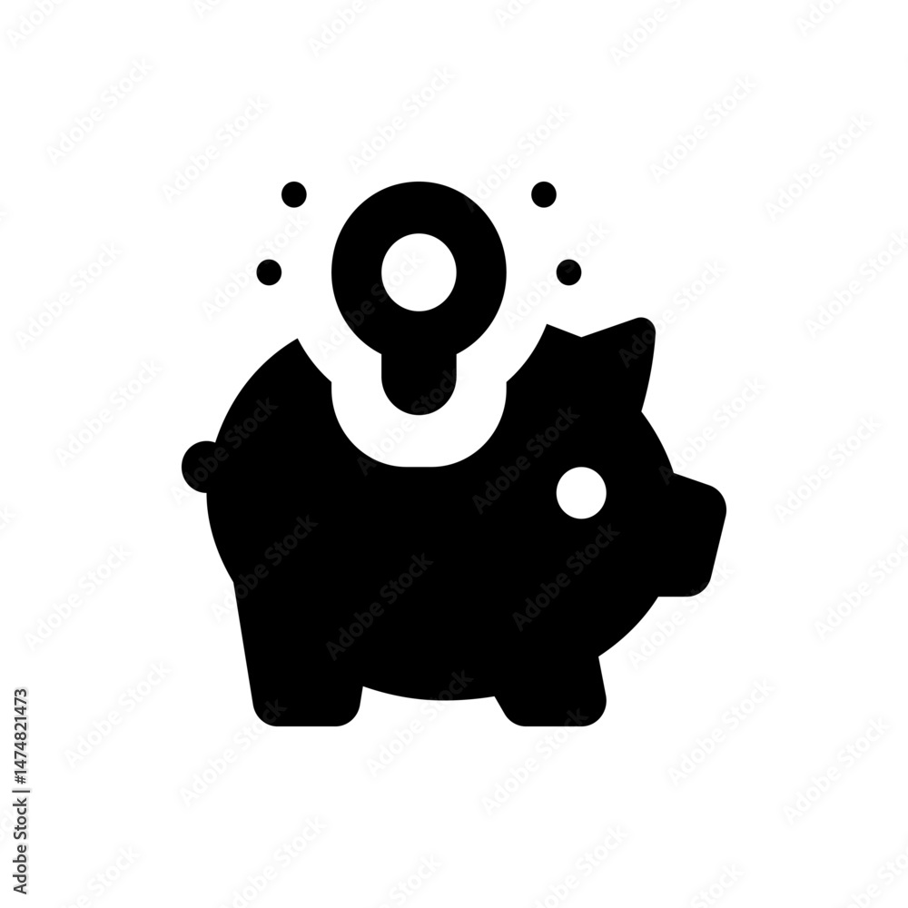 Poster Black piggy bank with a coin going into it and three dots above it on a white background icon art