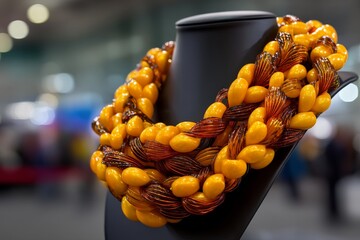 Colorful handmade necklace displayed at a craft fair showcasing unique designs and craftsmanship in jewelry making