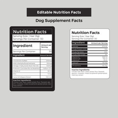 Dual food label mockup with nutrition facts and ingredient table on black background