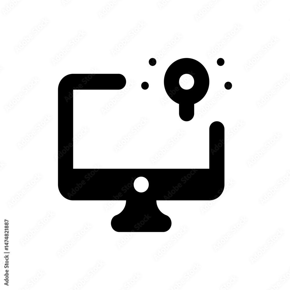 Poster illustration of a desktop computer with a magnifying glass and dots indicating a search process on s