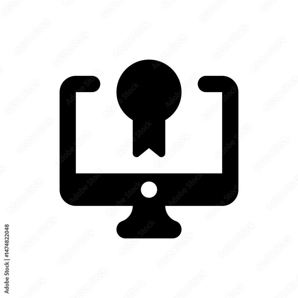 Poster black computer monitor with a round badge or medal displayed prominently on the screen in a clear vi