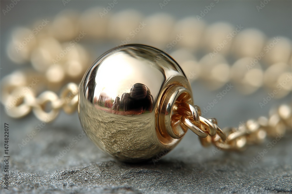 Poster Shiny gold pendant on a delicate chain with intricate reflections captured in close-up detail