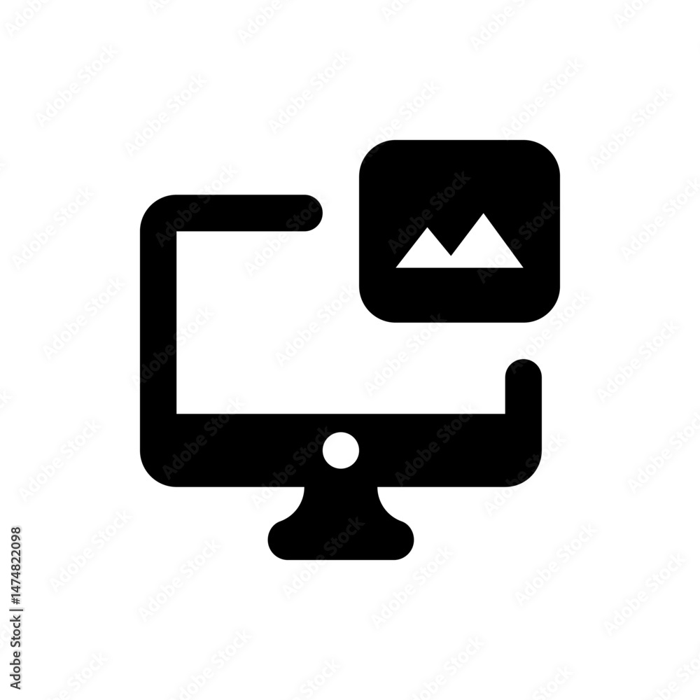 Poster black and white computer monitor icon with a mountain landscape image in the upper right corner disp