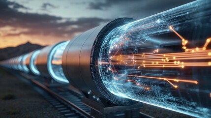 Innovative energy pipeline transmitting data future urban environment digital art nighttime view high-tech concept