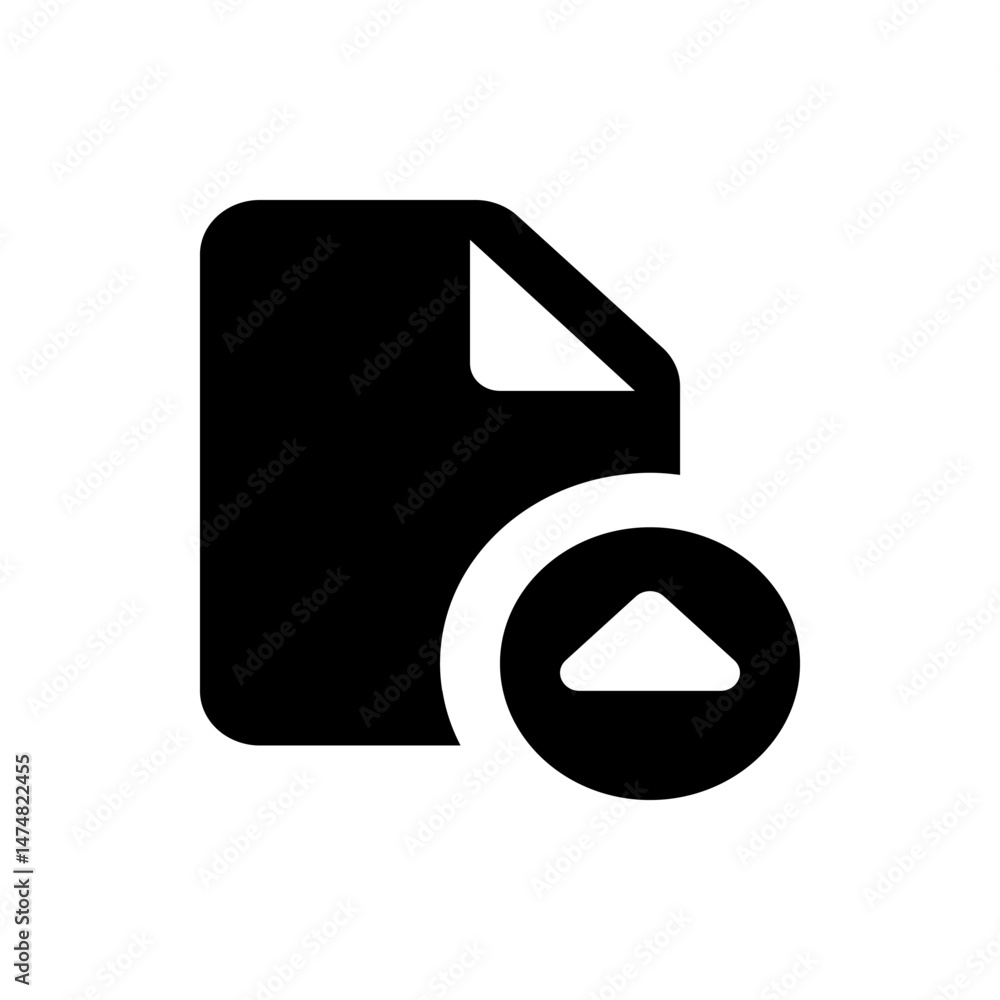 Poster illustration of a document with a folded corner and an upward arrow inside a circle indicating uploa