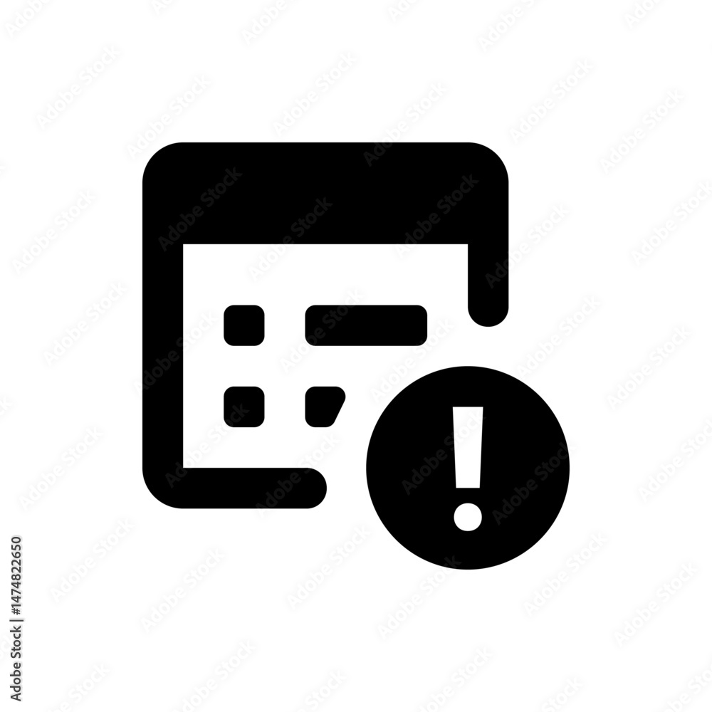 Poster black calendar icon with rounded corners and an exclamation mark inside a circle on the bottom right