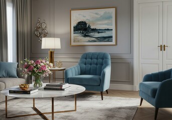 A living room featuring blue armchairs a marble coffee table and a framed painting on the wall