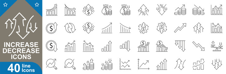 Increase decrease icons set. Pack growth, decline, upward, downward arrows, charts, market trends, profit, loss symbols business, finance, data analytics and more. Vector illustration
