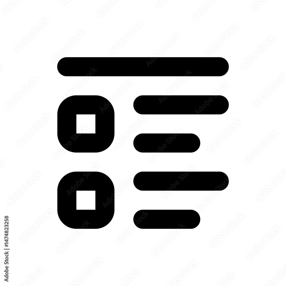 Poster black and white list icon with rounded rectangles and squares representing menu or settings interfac