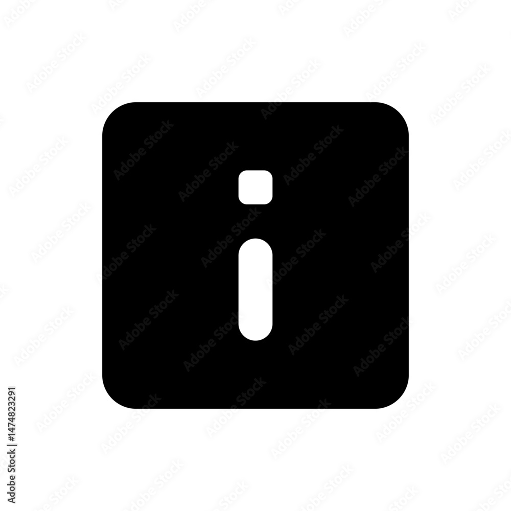 Poster black rounded square containing a white information symbol with a dot and vertical line shape center