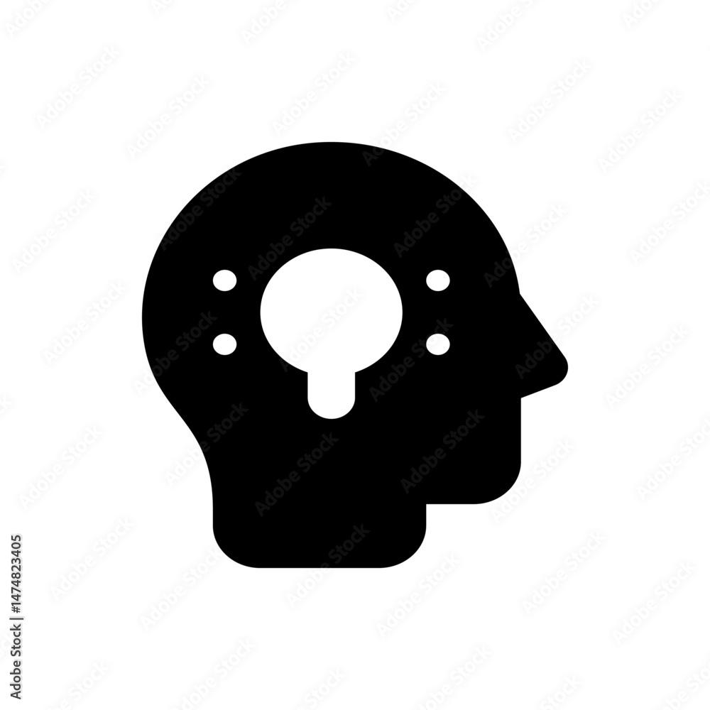 Poster silhouette of a head with a lightbulb shaped opening and four dots inside representing an idea space