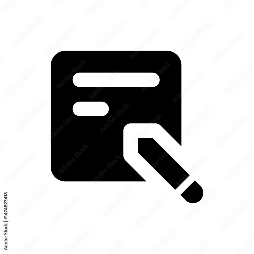 Poster black and white icon showing a document with lines and a pencil for editing and writing notes down