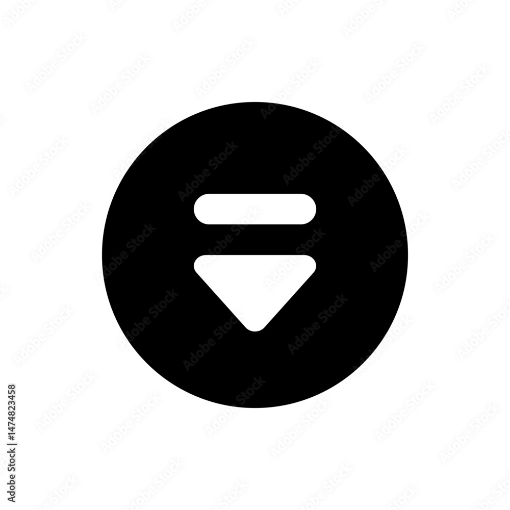 Poster black circle containing a white horizontal bar and a white downward pointing triangle shape icon cen
