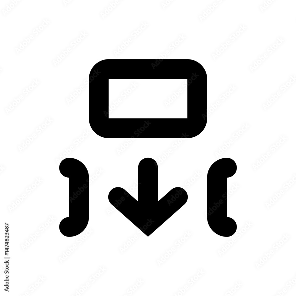 Poster black rectangle with rounded corners above a downward arrow between two rounded brackets icon design