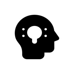 Silhouette of a head with a lightbulb shaped opening and four dots inside representing an idea space