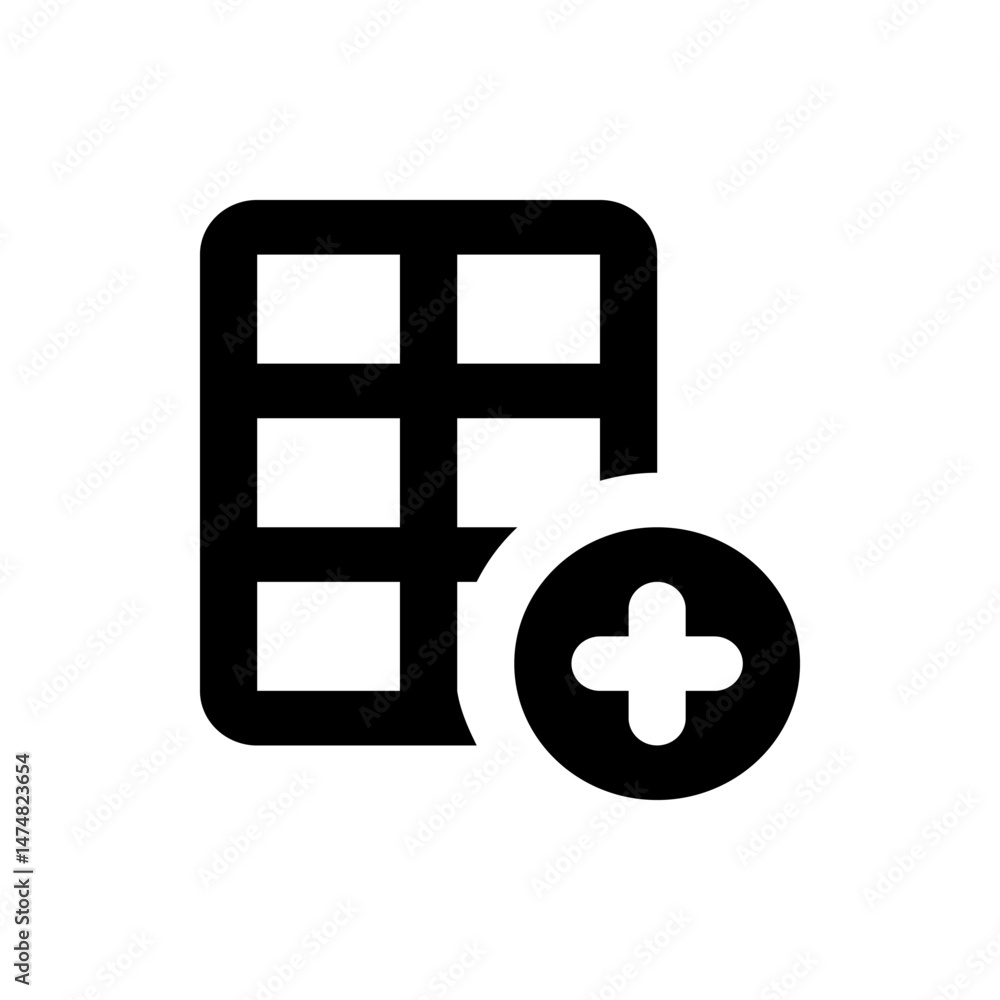 Poster a black and white illustration of a grid structure with an addition symbol indicating a new element 