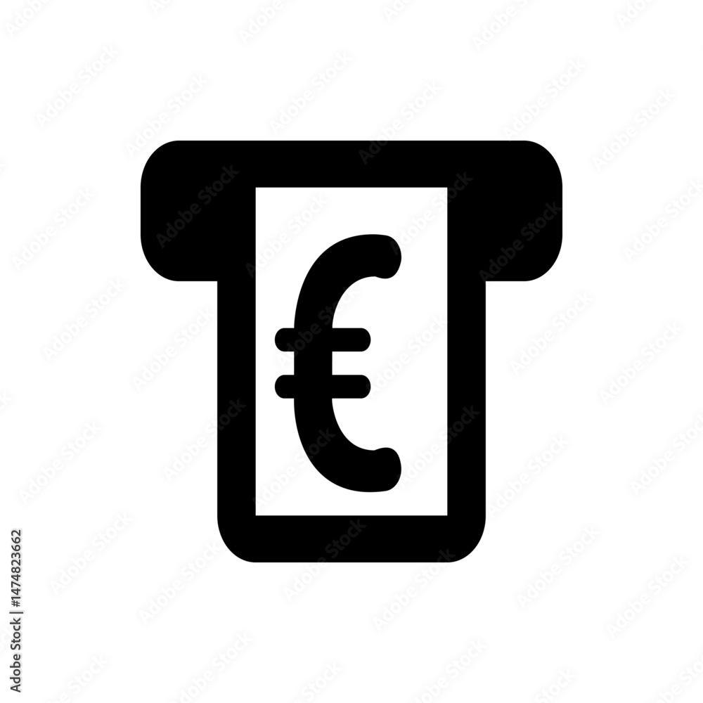 Poster illustration of an atm machine with a euro symbol displayed on the screen in black and white color s