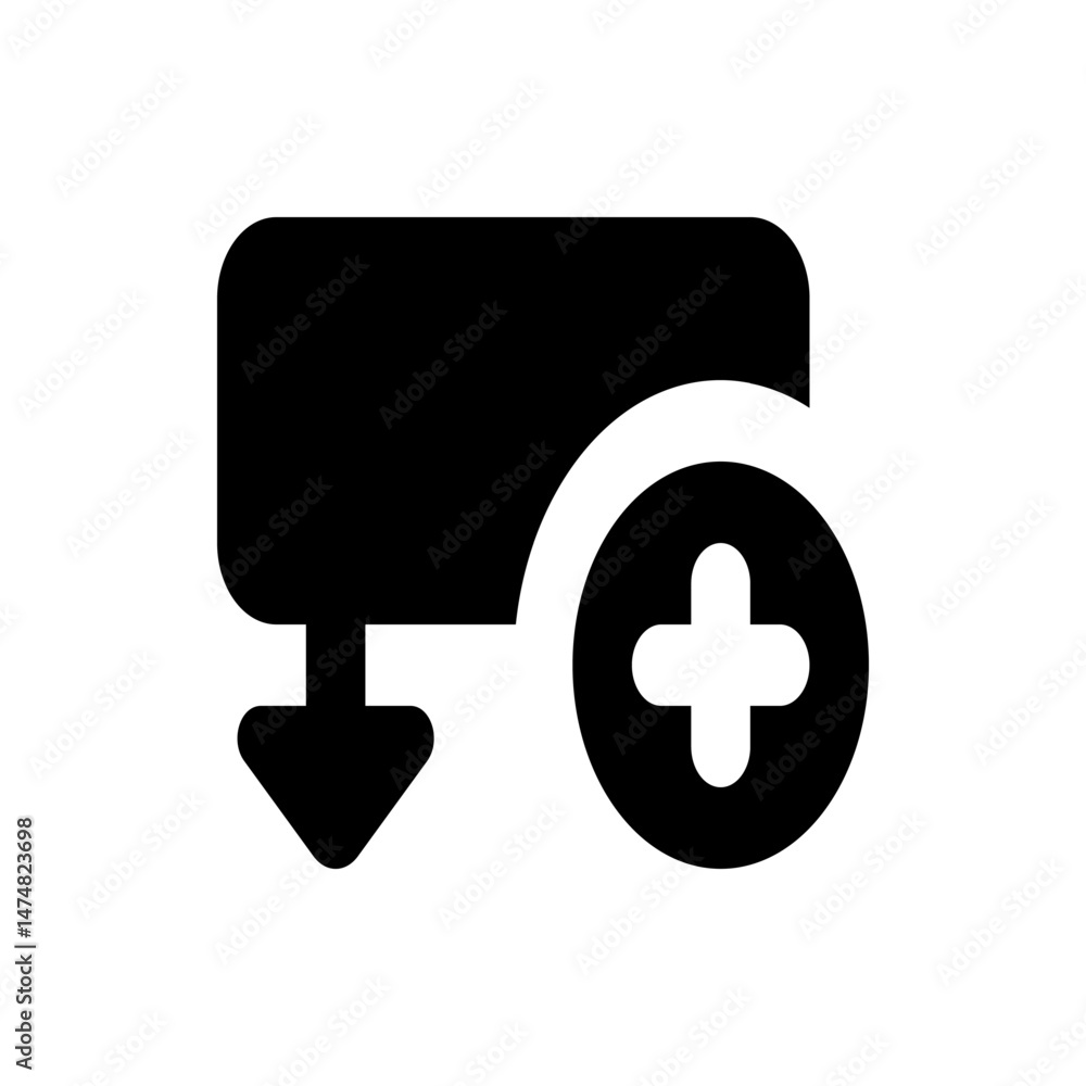 Aufkleber black rectangle with rounded corners and arrow pointing down next to a white plus in a black circle