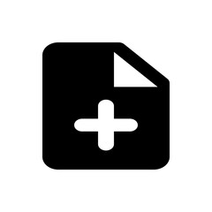 Black document icon with a folded corner and a white plus sign in the center on a white background