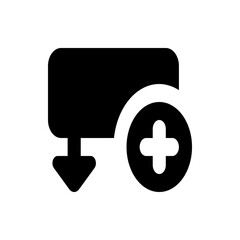 Obraz premium Black rectangle with rounded corners and arrow pointing down next to a white plus in a black circle