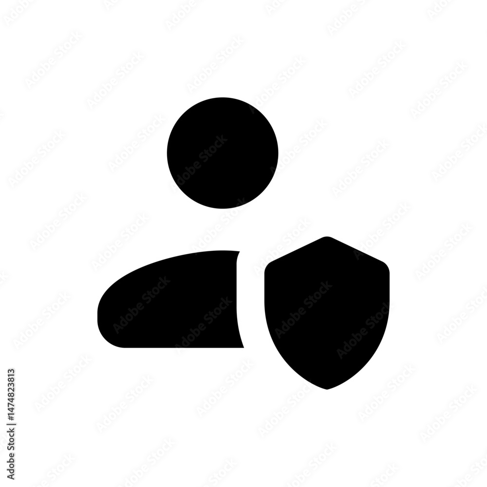 Poster silhouette of a person with a round head and a shield representing security and protection concept i