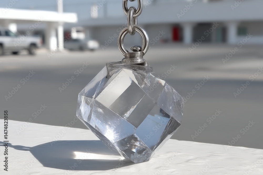 Poster decorative crystal prism hangs on a chain reflecting sunlight near a modern building during the day