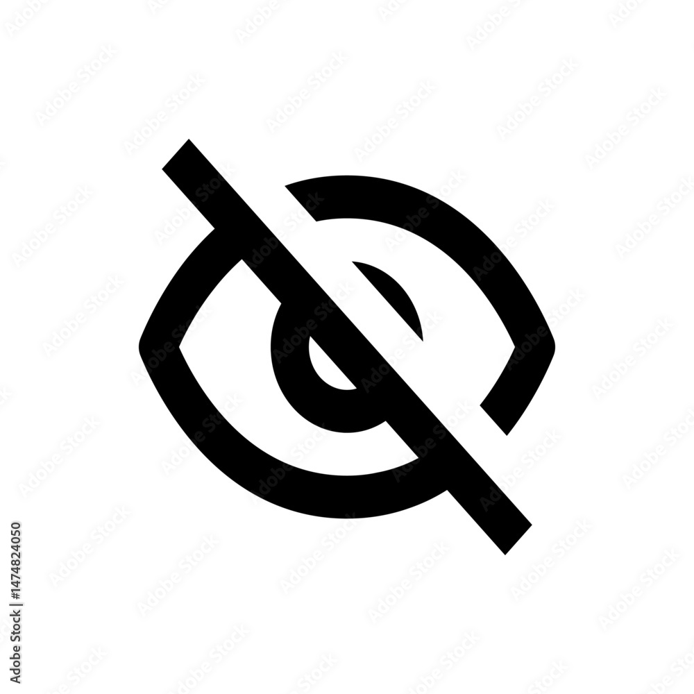 Poster eye icon with a diagonal line through it representing hidden or private state in black and white des