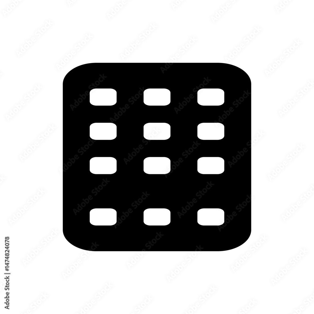 Poster black rectangle with rounded corners containing a grid of twelve white rounded square shaped holes