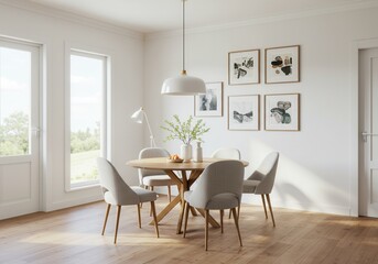 Fototapeta premium A bright dining room with a round table surrounded by chairs and artwork on the wall in a home