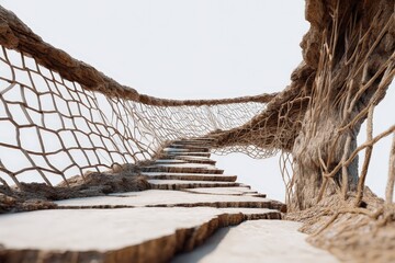 Rustic wooden bridge with rope sides.