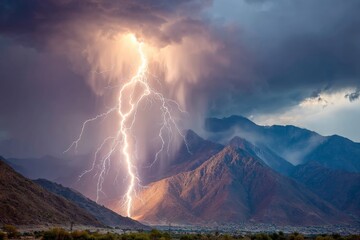 Dramatic lightning strikes over a mountain landscape during a thunderstorm near a desert region at dusk