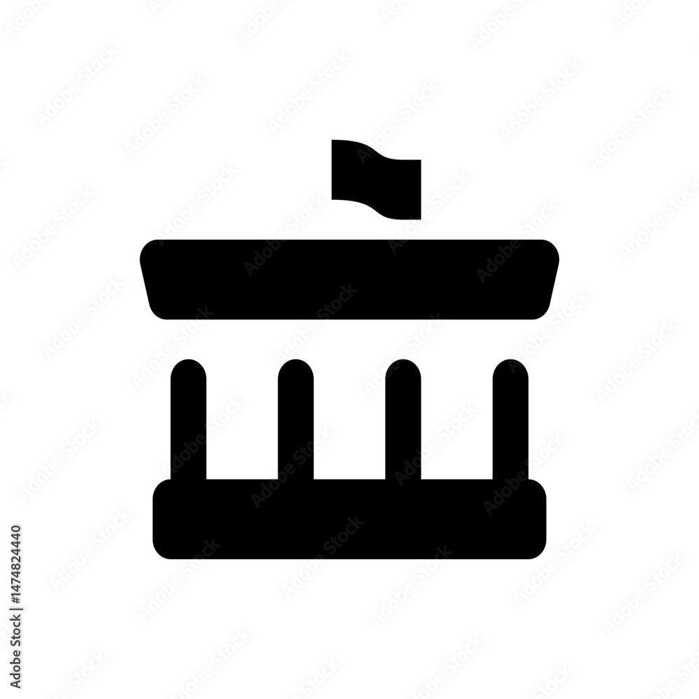 Poster illustration of a government building with a flag on top and columns in a simple black and white sty