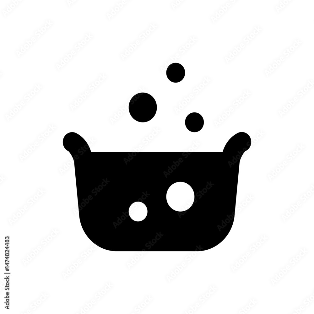 Poster black cauldron with rounded handles and floating bubbles or ingredients in a simple graphic style de