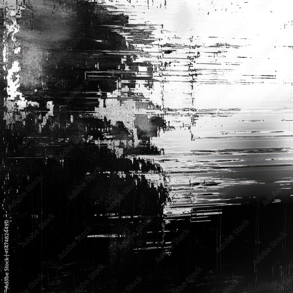 Poster abstract grayscale image with layered textures. grainy, distressed, and distorted lines create a sen