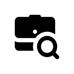 Black briefcase with a white circle and a magnifying glass overlayed in front of it on a white background