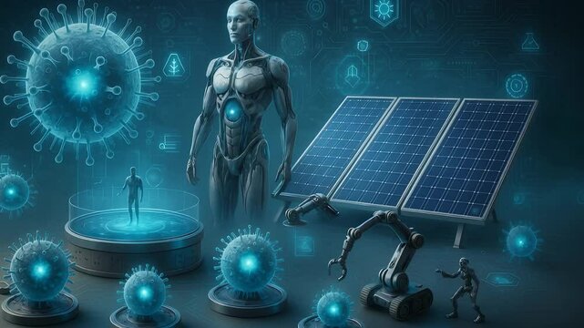 Futuristic Robot with Glowing Virus Cells, Robotic Arms and Solar Panel Representing Nanotech, Energy and Artificial Evolution

