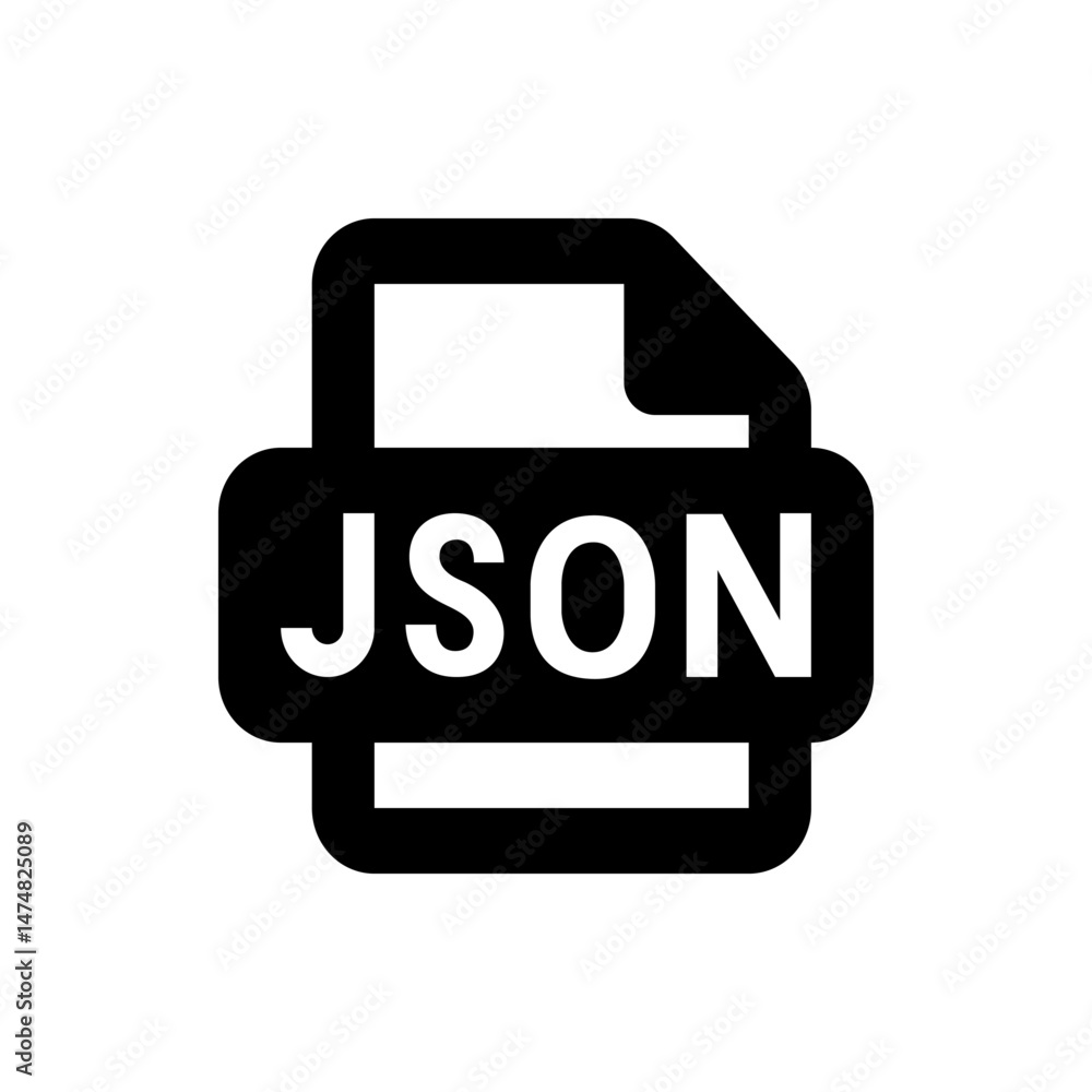 Poster illustration of a black and white json file icon with rounded corners and clear text displayed on it