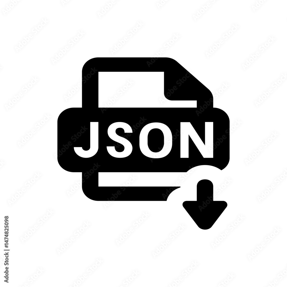 Poster illustration of a json file with a download arrow indicating downloading the file in black and white